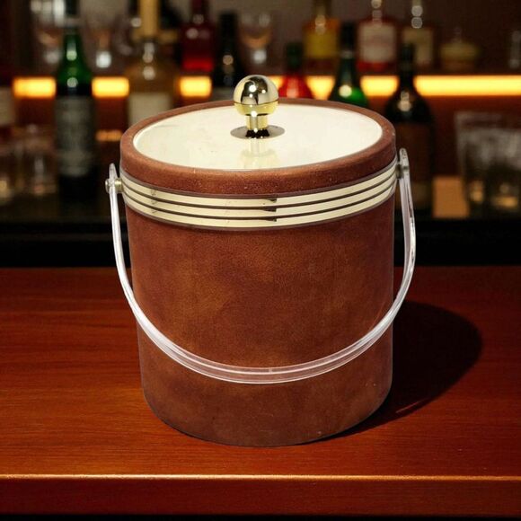 Vintage MCM Brown Suede Ice Bucket Retro Barware Lucite Handle & Lid Mid Century - Picture 1 of 8